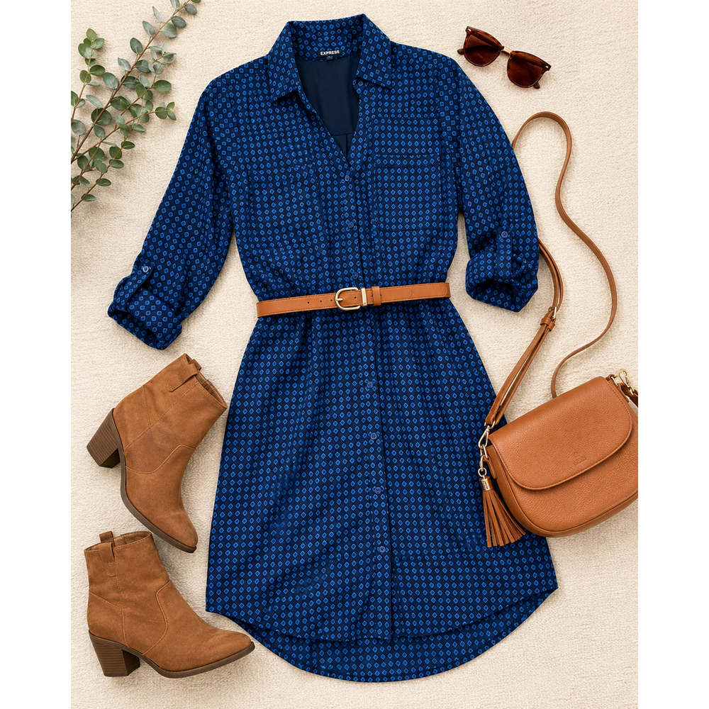 Express Portofino Shirt Dress Medium Blue Geometric Button Front Roll Tab